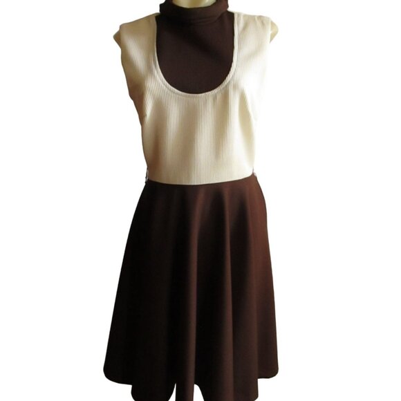 Vintage Women's Dress 8 1970's 2 Tone Stretch Knit Polyester Handmade Brown Mod - Picture 1 of 7